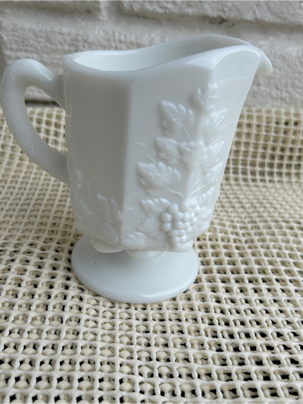 Milk Glass Creamer Pitcher with Grape & Leaf Relief